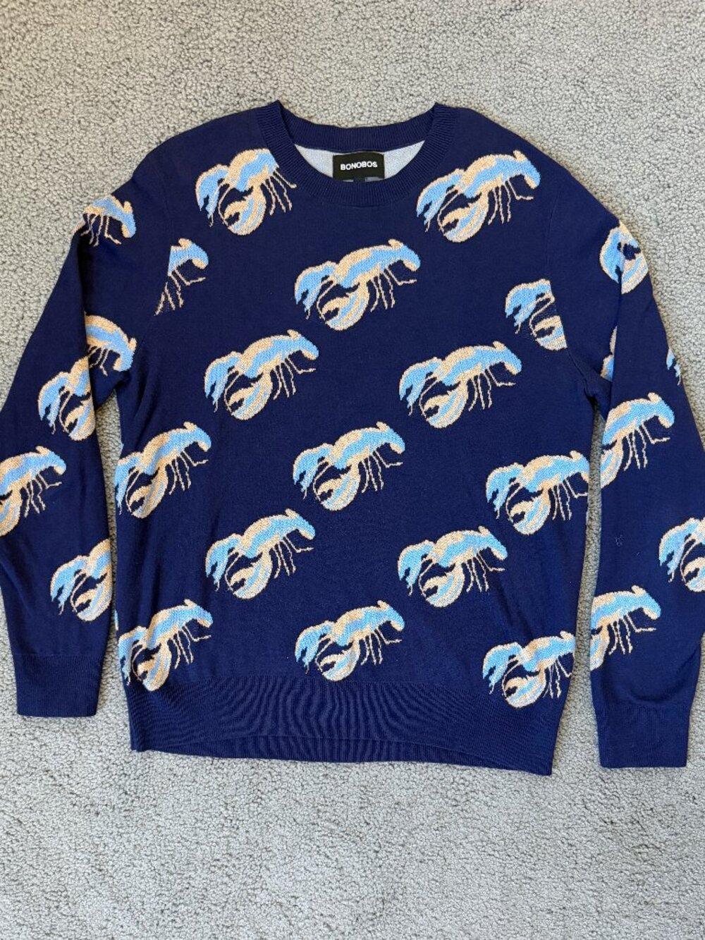 Bonobos Navy Lobster Print Crewneck Sweater Mens Medium M Slim Fit Intarsia Knit
